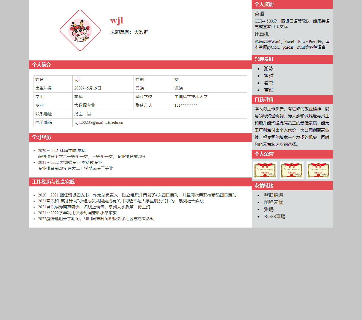 专业个性化个人简历页面，展现求职者信息与技能的简约设计