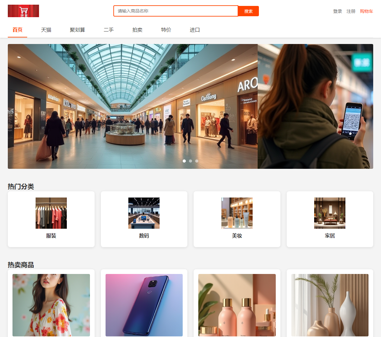 淘宝网主页 - 现代简约电商平台，提供搜索、登录和购物体验